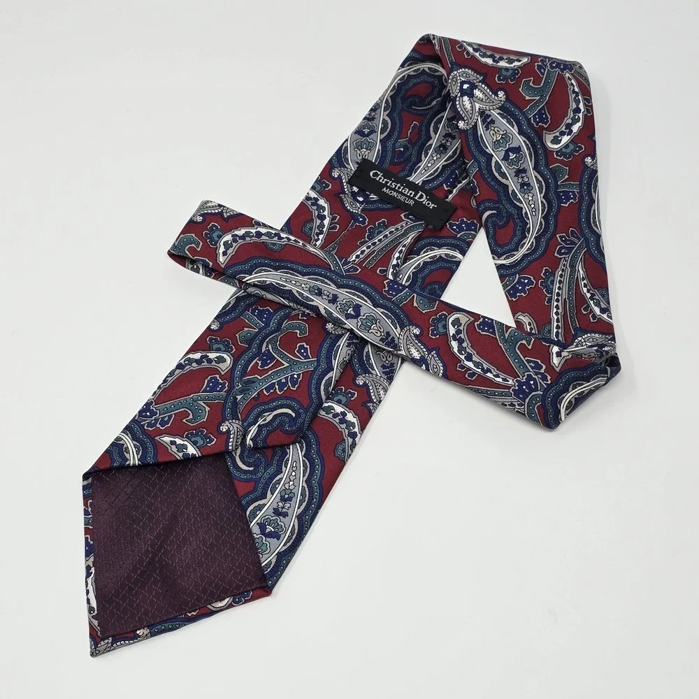 Christian Dior Monsieur Silk Tie Burgundy Blue Paisley Vintage Designer Necktie